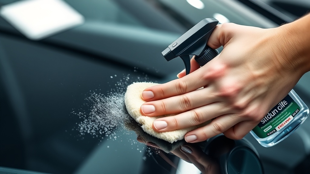 세정제를 사용하여 자동차 앞유리의 유막을 꼼꼼하게 닦아내고 있는 모습