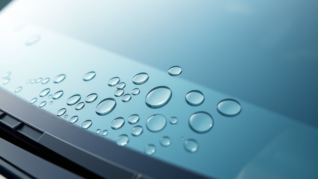 실리콘 와이퍼 사용 후 자동차 유리 표면에 빗방울이 동그랗게 맺히는 발수 효과 장면