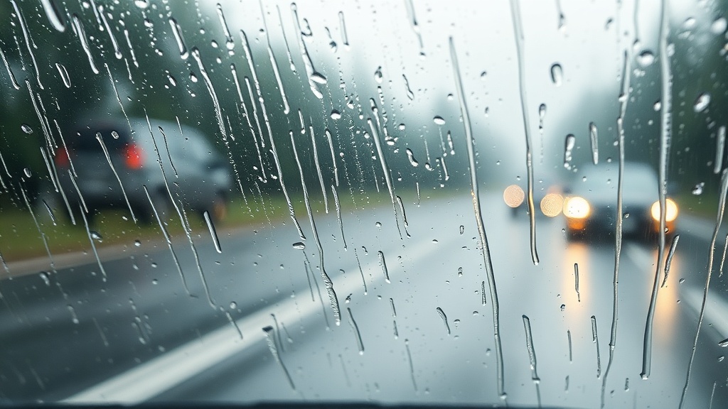 비 오는 날 자동차 앞유리에 와이퍼 작동 후에도 가느다란 줄무늬가 남아 시야를 방해하는 모습
